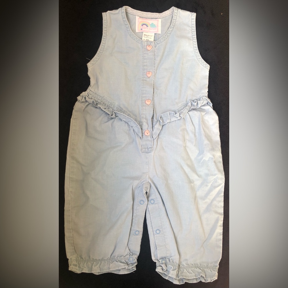 Vintage Bon Jour Jean Sleeveless Romper Ruffles Heart Buttons 18M